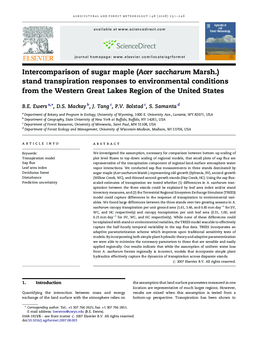 Intercomparison of sugar maple (Acer saccharum Marsh.) stand transpiration responses to environmental conditions from the Western Great Lakes Region of the United States