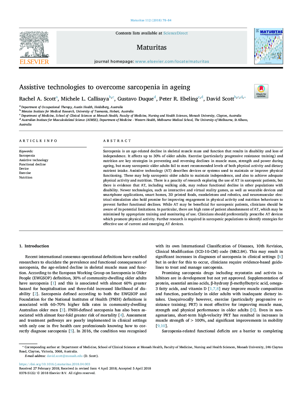 Assistive technologies to overcome sarcopenia in ageing