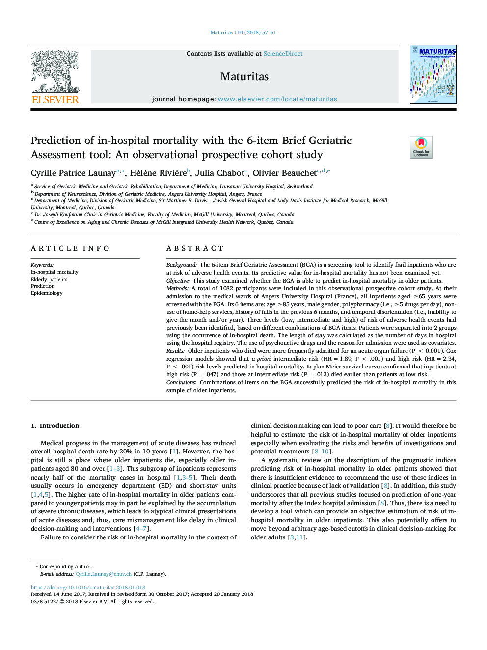 Prediction of in-hospital mortality with the 6-item Brief Geriatric Assessment tool: An observational prospective cohort study