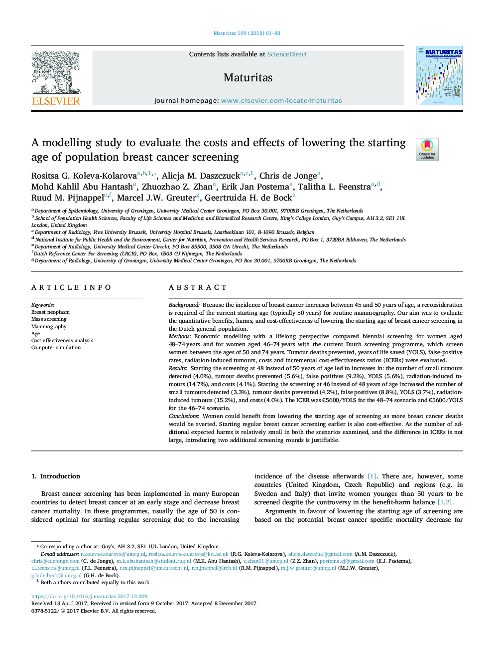 A modelling study to evaluate the costs and effects of lowering the starting age of population breast cancer screening