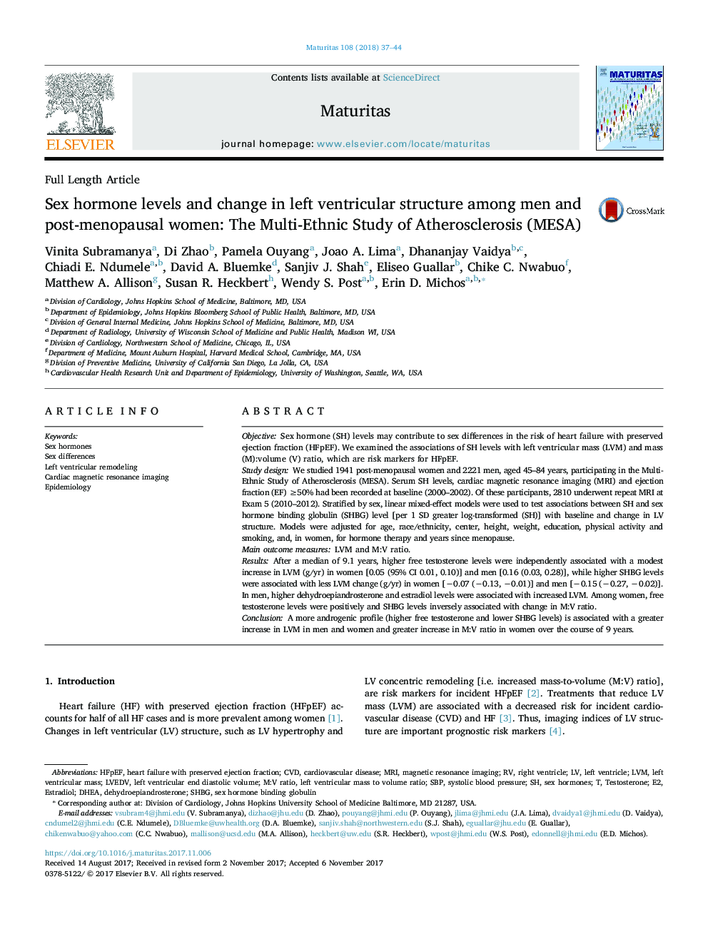 Sex hormone levels and change in left ventricular structure among men and post-menopausal women: The Multi-Ethnic Study of Atherosclerosis (MESA)