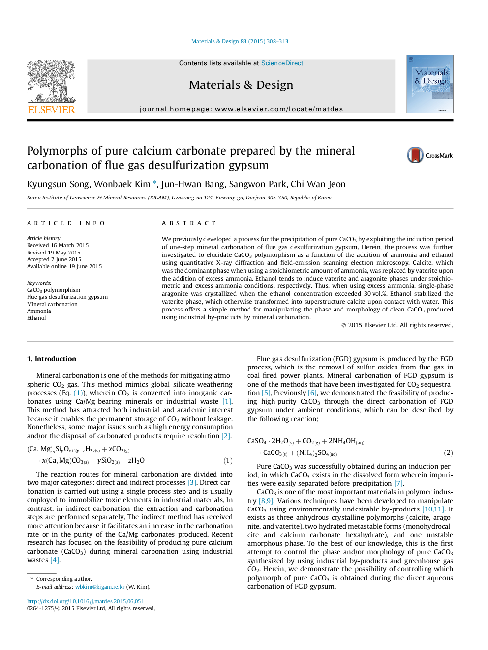 Polymorphs of pure calcium carbonate prepared by the mineral carbonation of flue gas desulfurization gypsum