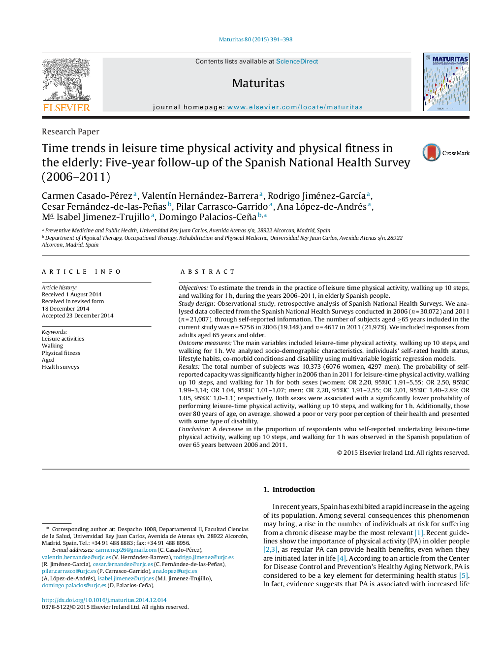 Time trends in leisure time physical activity and physical fitness in the elderly: Five-year follow-up of the Spanish National Health Survey (2006-2011)