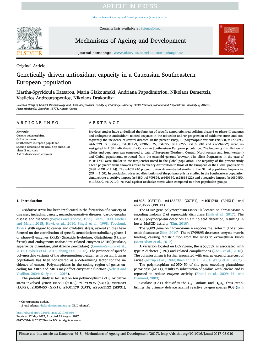 Genetically driven antioxidant capacity in a Caucasian Southeastern European population