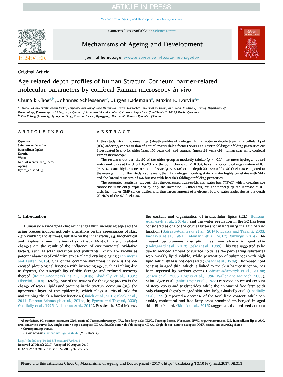 Age related depth profiles of human Stratum Corneum barrier-related molecular parameters by confocal Raman microscopy in vivo