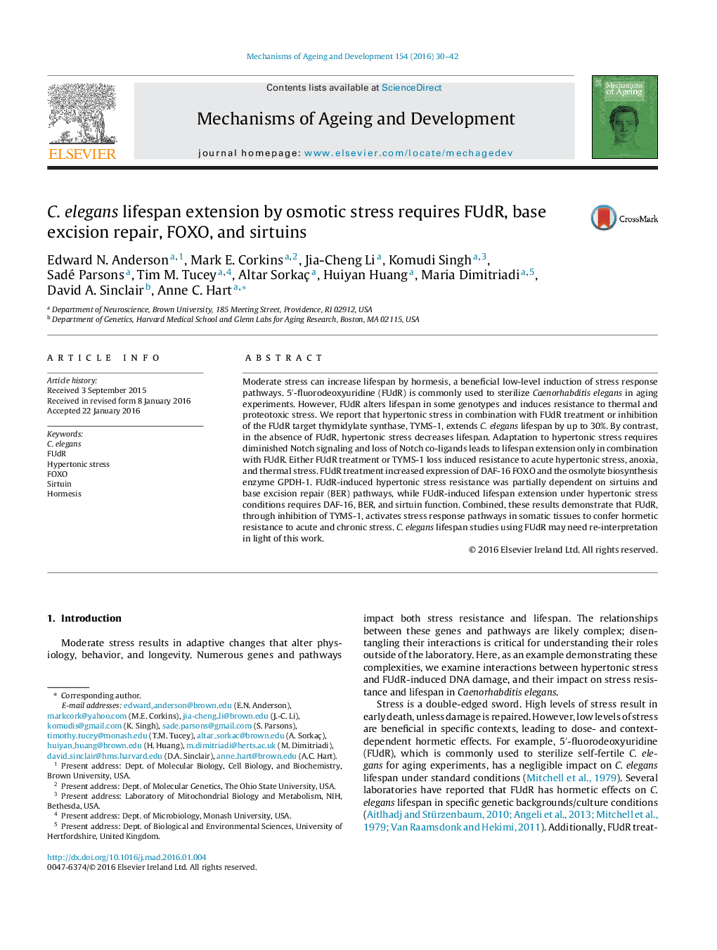 C. elegans lifespan extension by osmotic stress requires FUdR, base excision repair, FOXO, and sirtuins