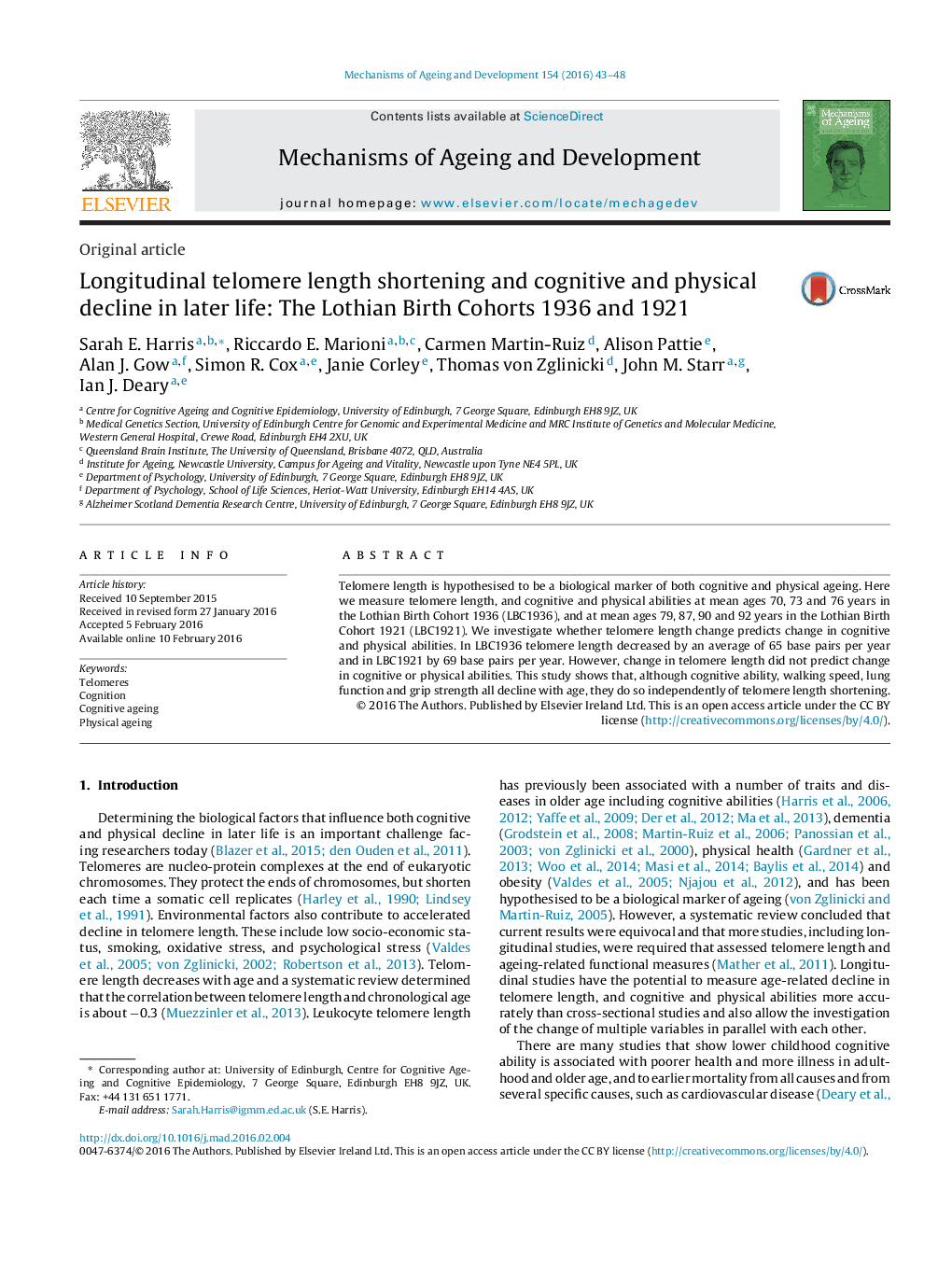 Longitudinal telomere length shortening and cognitive and physical decline in later life: The Lothian Birth Cohorts 1936 and 1921