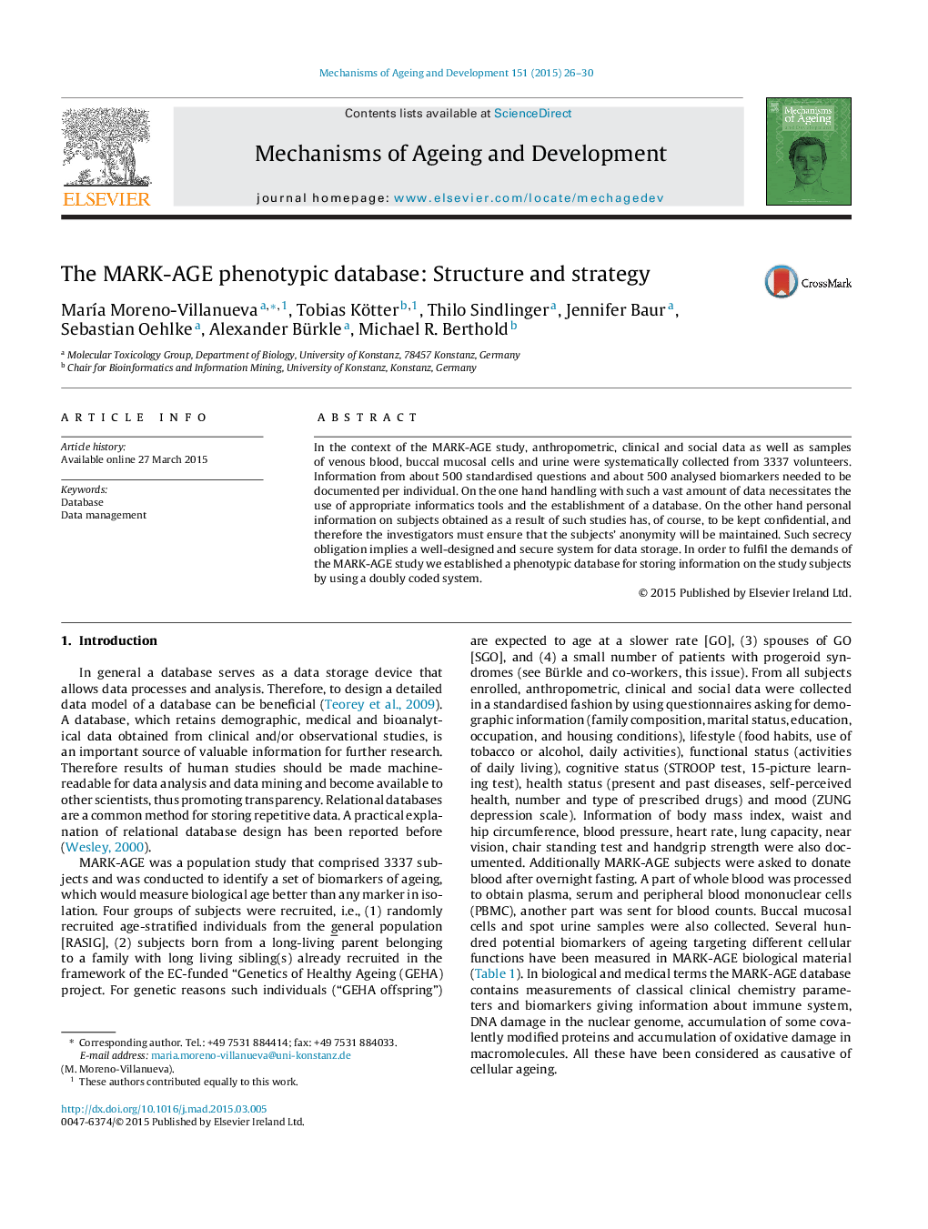 The MARK-AGE phenotypic database: Structure and strategy