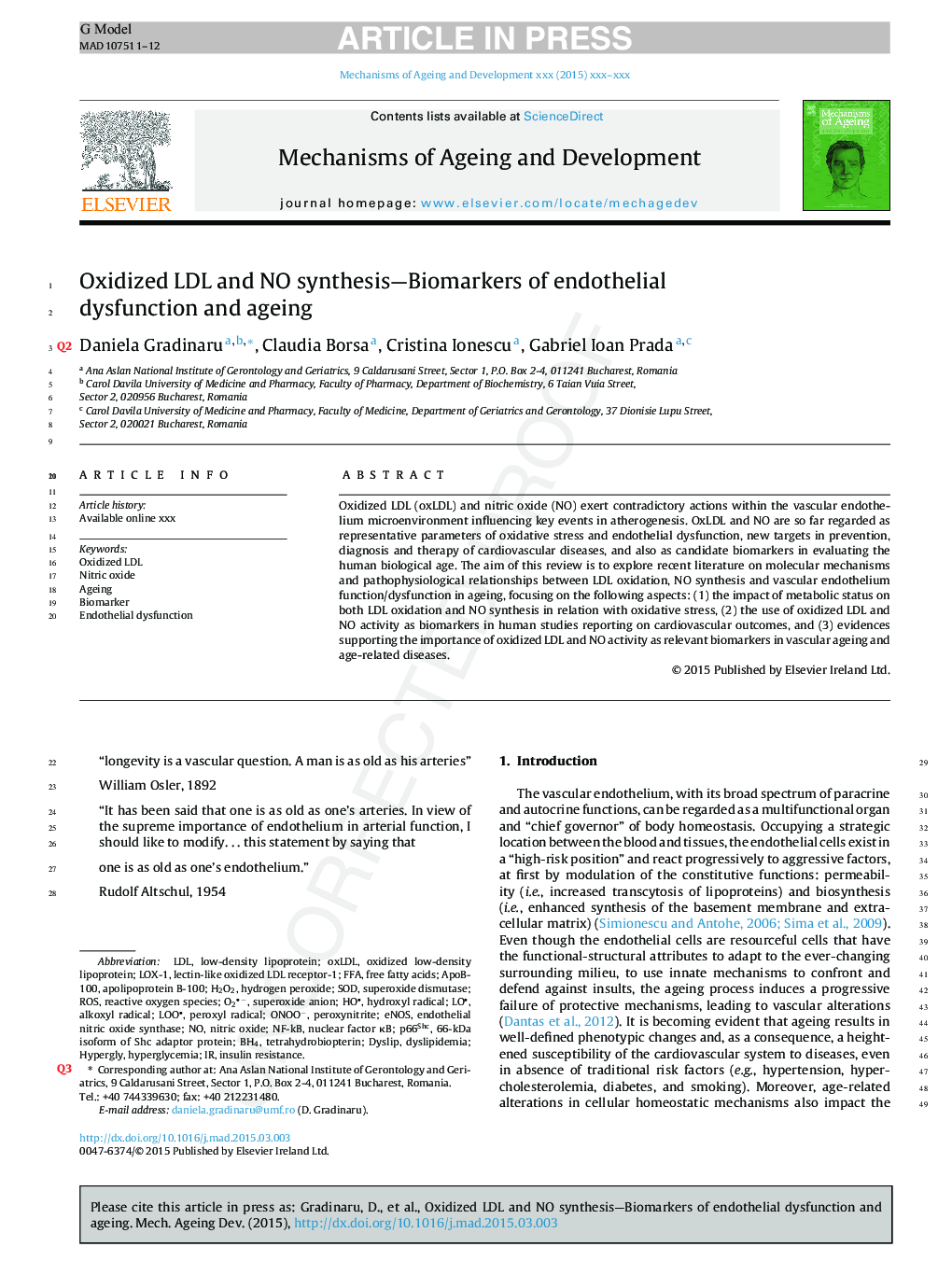 Oxidized LDL and NO synthesis-Biomarkers of endothelial dysfunction and ageing