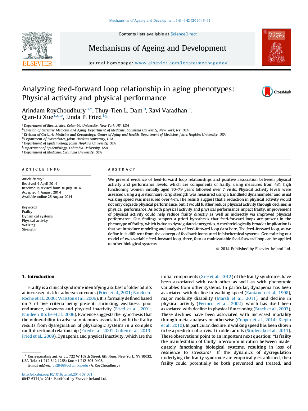 Analyzing feed-forward loop relationship in aging phenotypes: Physical activity and physical performance