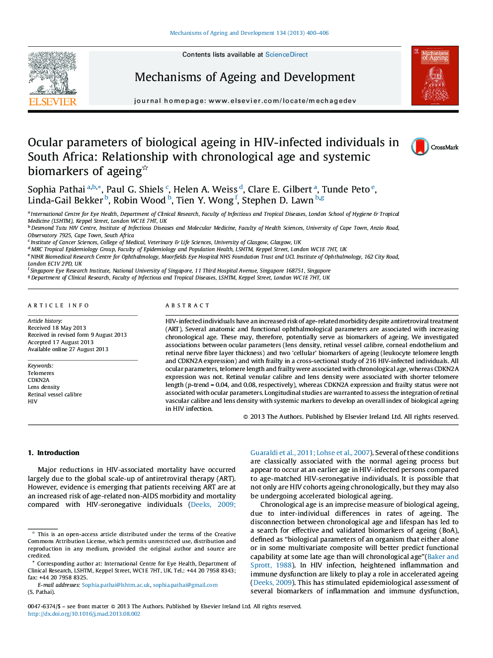 Ocular parameters of biological ageing in HIV-infected individuals in South Africa: Relationship with chronological age and systemic biomarkers of ageing