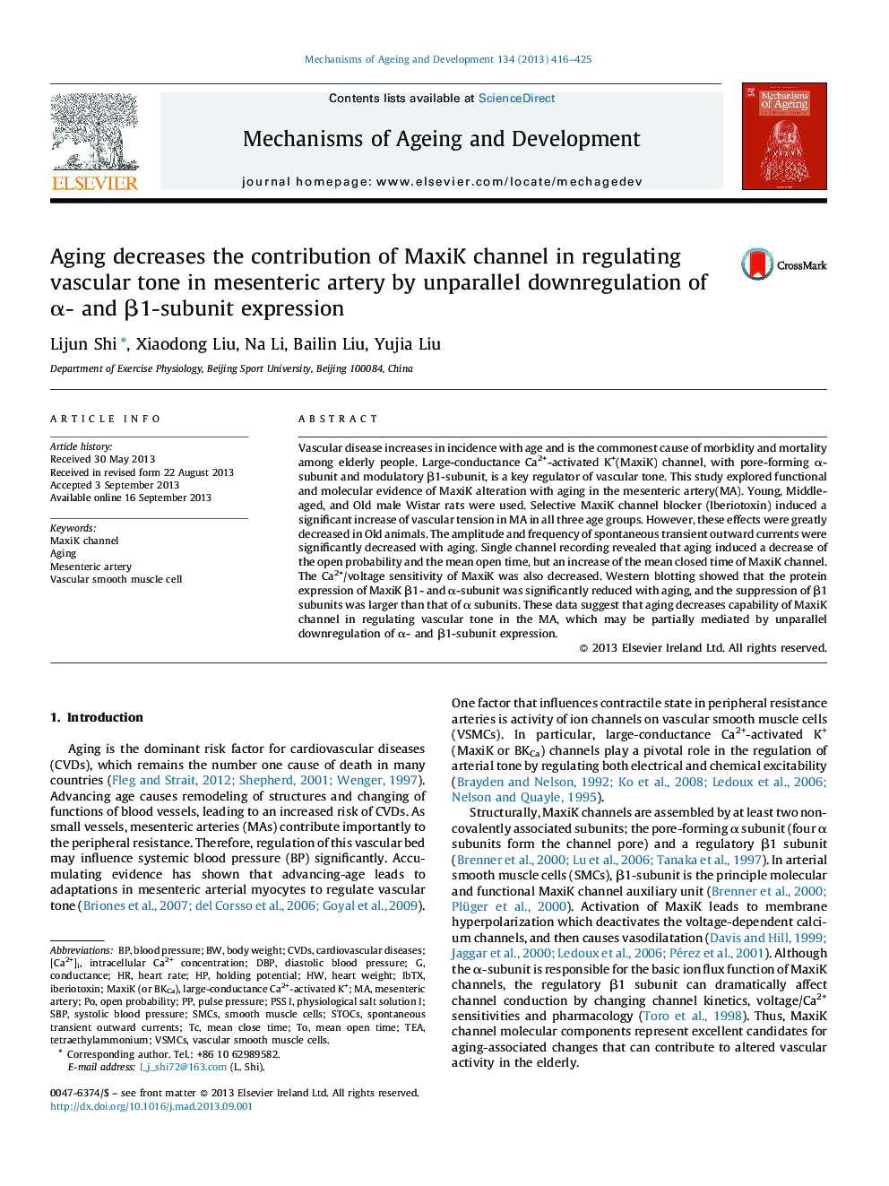 Aging decreases the contribution of MaxiK channel in regulating vascular tone in mesenteric artery by unparallel downregulation of Î±- and Î²1-subunit expression