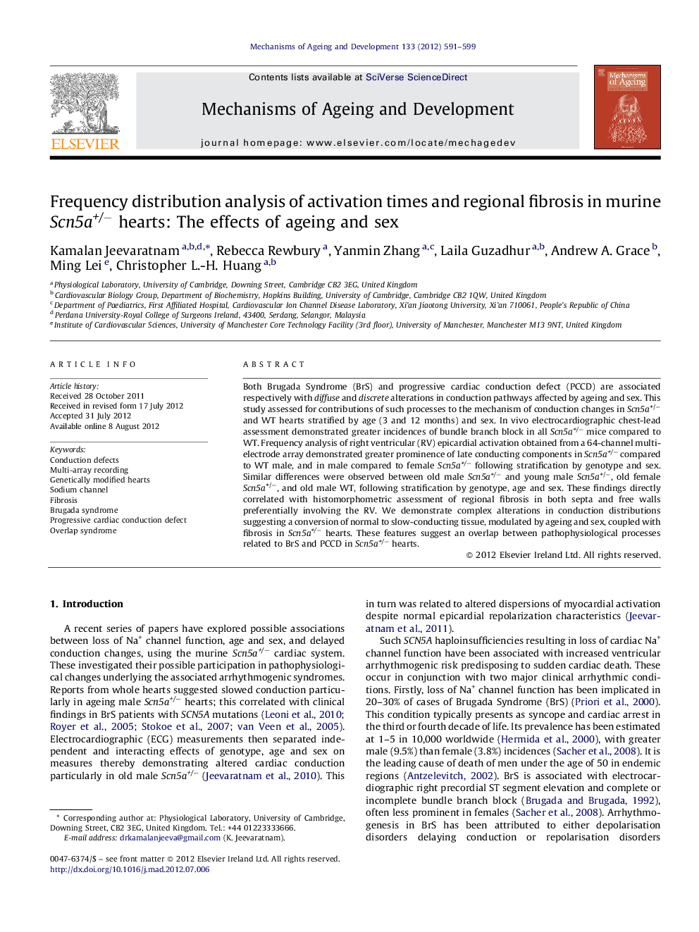 Frequency distribution analysis of activation times and regional fibrosis in murine Scn5a+/â hearts: The effects of ageing and sex