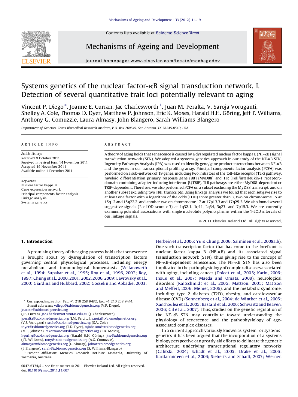 Systems genetics of the nuclear factor-ÎºB signal transduction network. I. Detection of several quantitative trait loci potentially relevant to aging