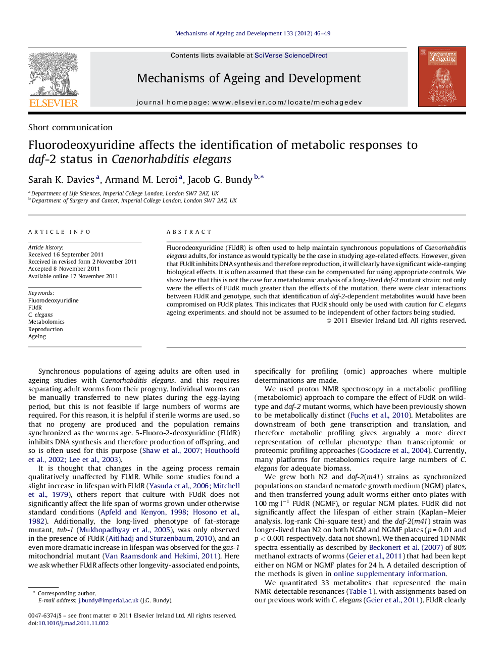 Fluorodeoxyuridine affects the identification of metabolic responses to daf-2 status in Caenorhabditis elegans