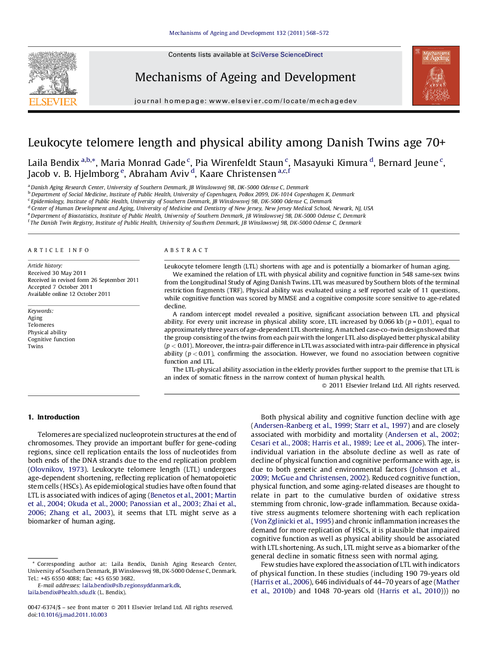 Leukocyte telomere length and physical ability among Danish Twins age 70+