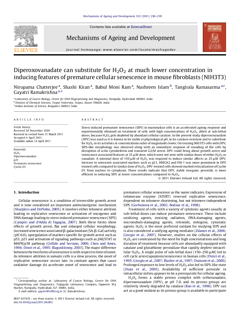 Diperoxovanadate can substitute for H2O2 at much lower concentration in inducing features of premature cellular senescence in mouse fibroblasts (NIH3T3)