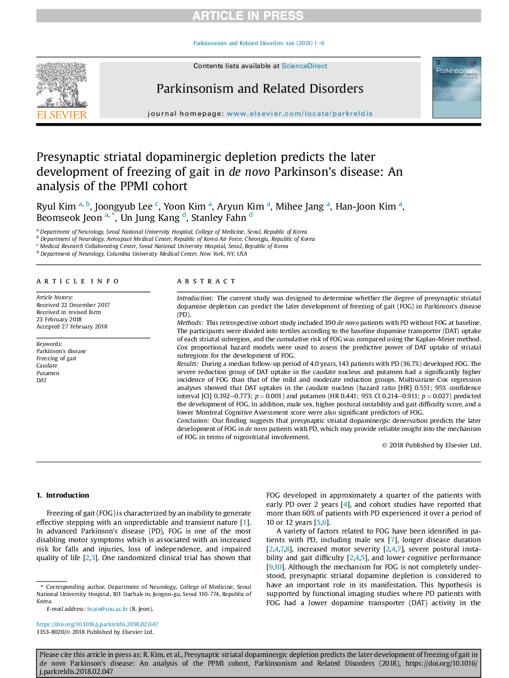 Presynaptic striatal dopaminergic depletion predicts the later development of freezing of gait in de novo Parkinson's disease: An analysis of the PPMI cohort