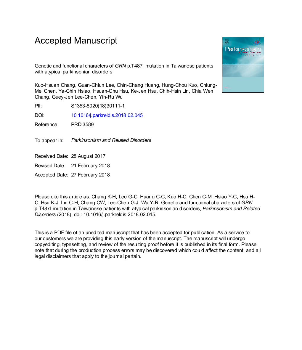 Genetic and functional characters of GRN p.T487I mutation in Taiwanese patients with atypical parkinsonian disorders