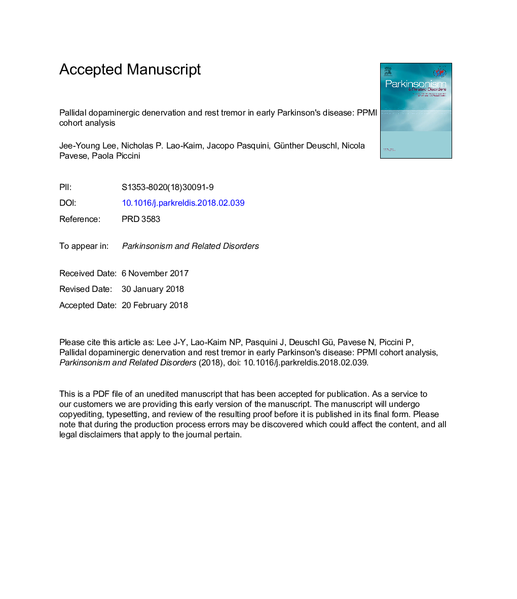 Pallidal dopaminergic denervation and rest tremor in early Parkinson's disease: PPMI cohort analysis