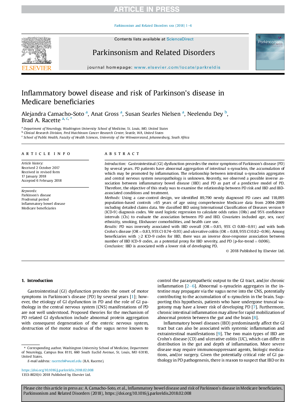 Inflammatory bowel disease and risk of Parkinson's disease in Medicare beneficiaries