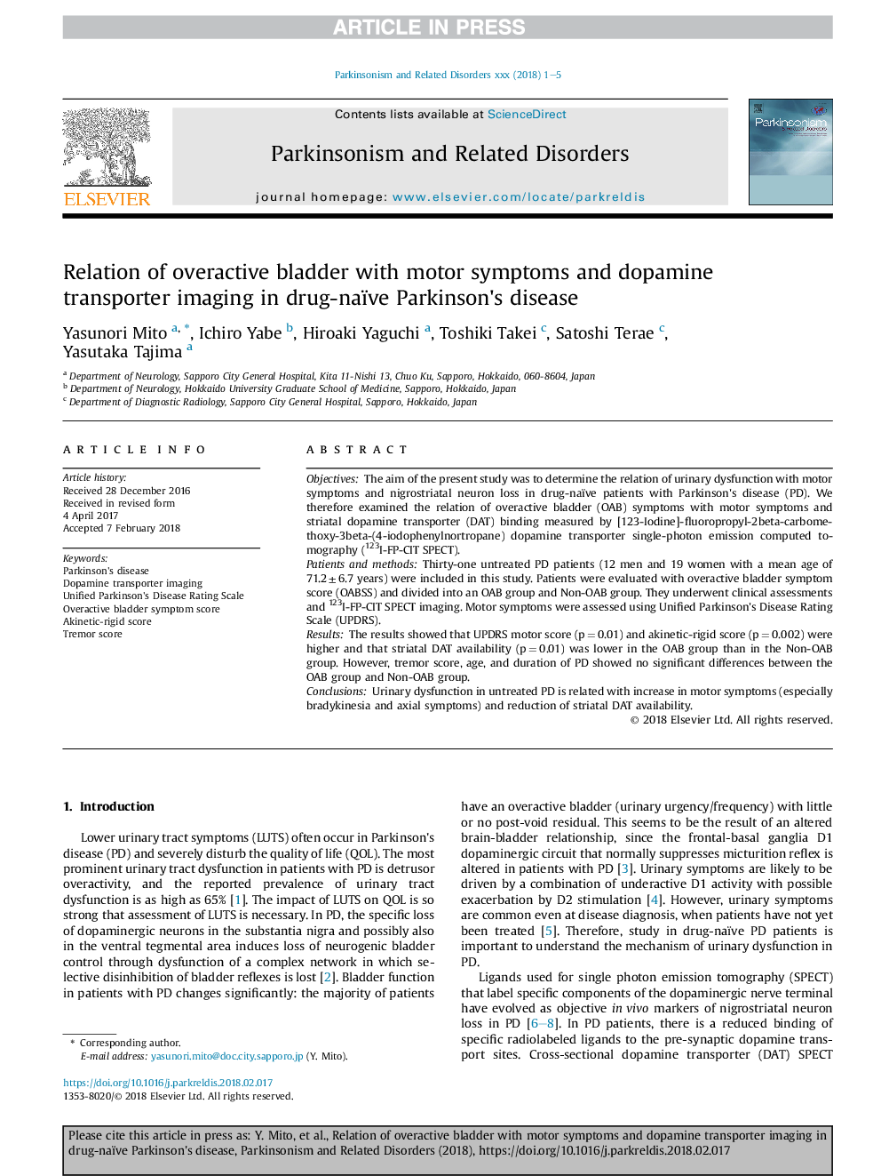 Relation of overactive bladder with motor symptoms and dopamine transporter imaging in drug-naïve Parkinson's disease