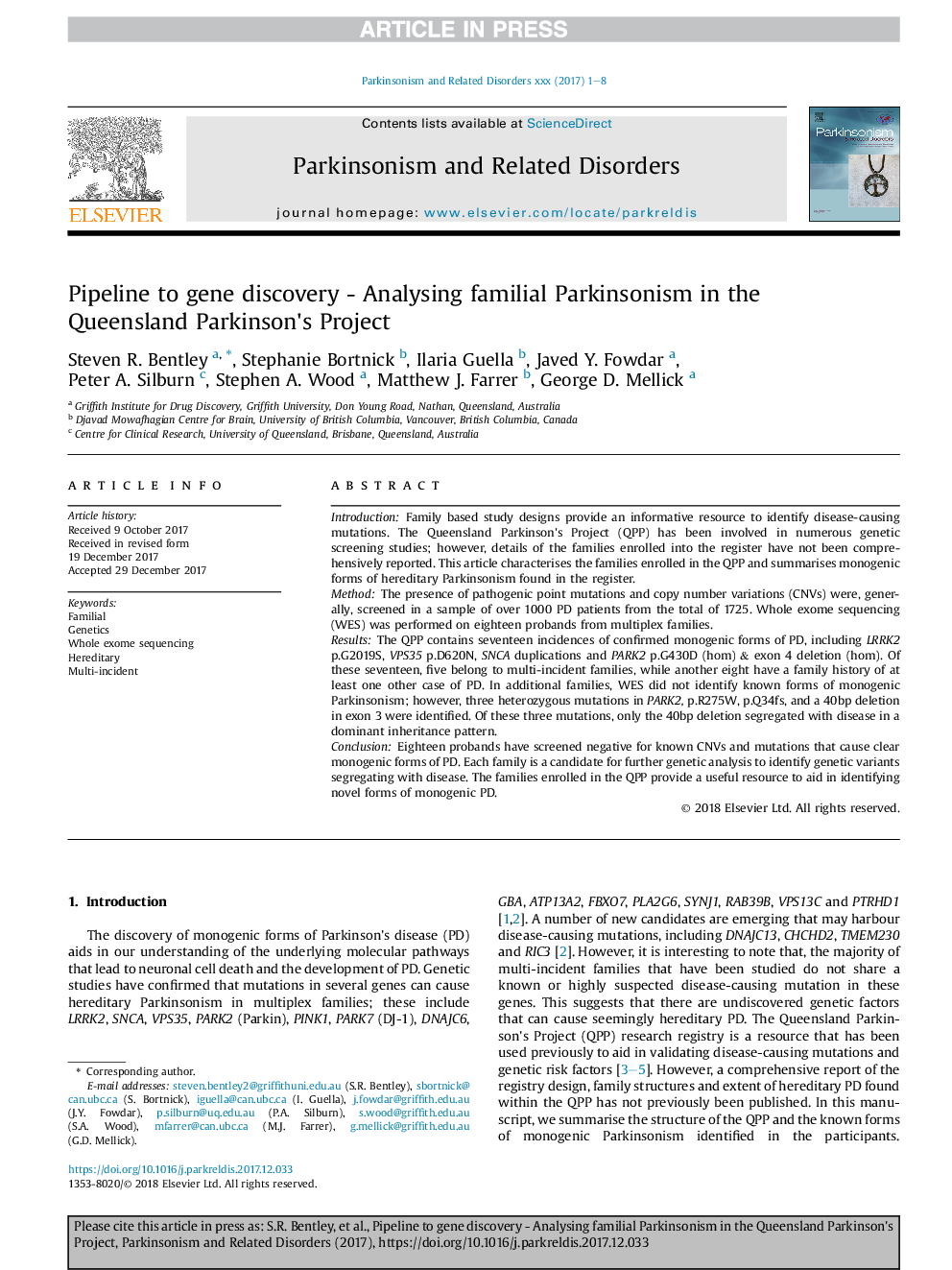 Pipeline to gene discovery - Analysing familial Parkinsonism in the Queensland Parkinson's Project