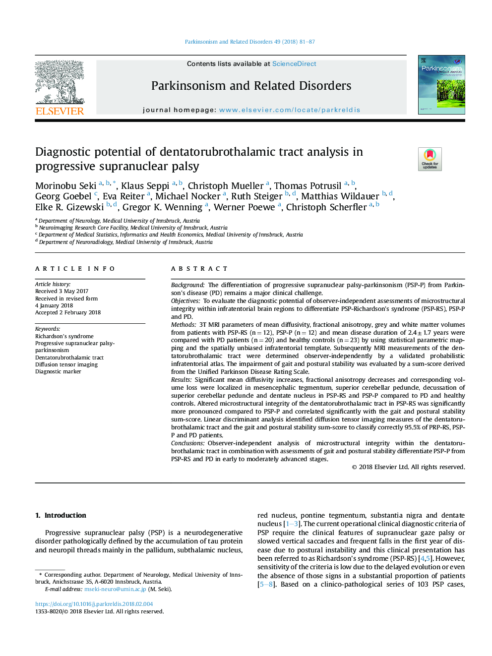 Diagnostic potential of dentatorubrothalamic tract analysis in progressive supranuclear palsy