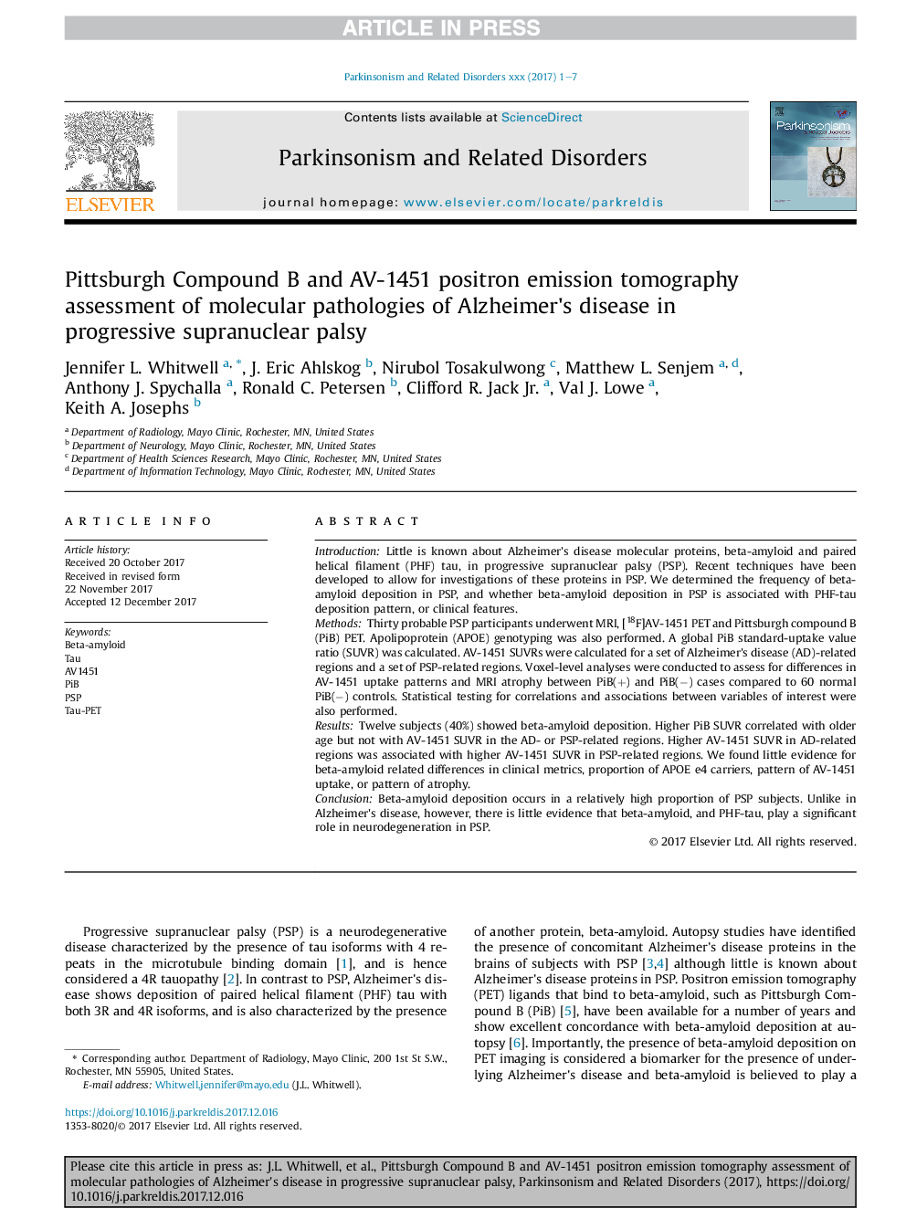 Pittsburgh Compound B and AV-1451 positron emission tomography assessment of molecular pathologies of Alzheimer's disease in progressive supranuclear palsy