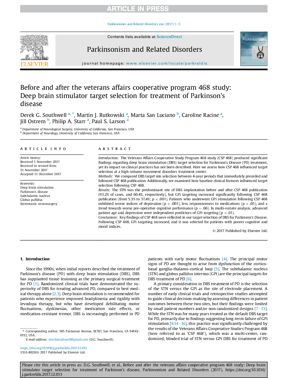 Before and after the veterans affairs cooperative program 468 study: Deep brain stimulator target selection for treatment of Parkinson's disease