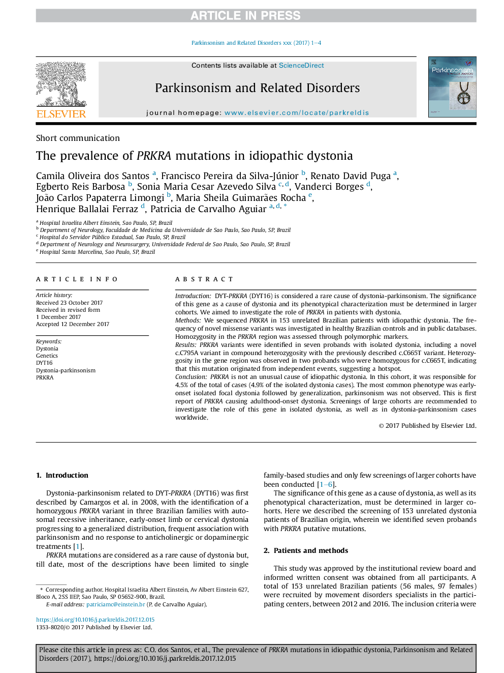 The prevalence of PRKRA mutations in idiopathic dystonia