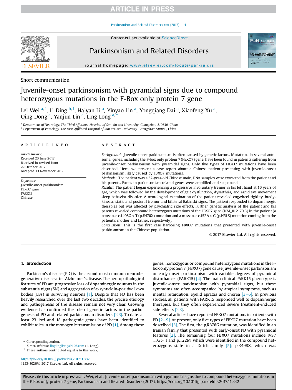 عکس صفحه اول مقاله: Juvenile-onset parkinsonism with pyramidal signs due to compound heterozygous mutations in the F-Box only protein 7 gene Juvenile-onset parkinsonism with pyramidal signs due to compound heterozygous mutations in the F-Box only protein 7 gene