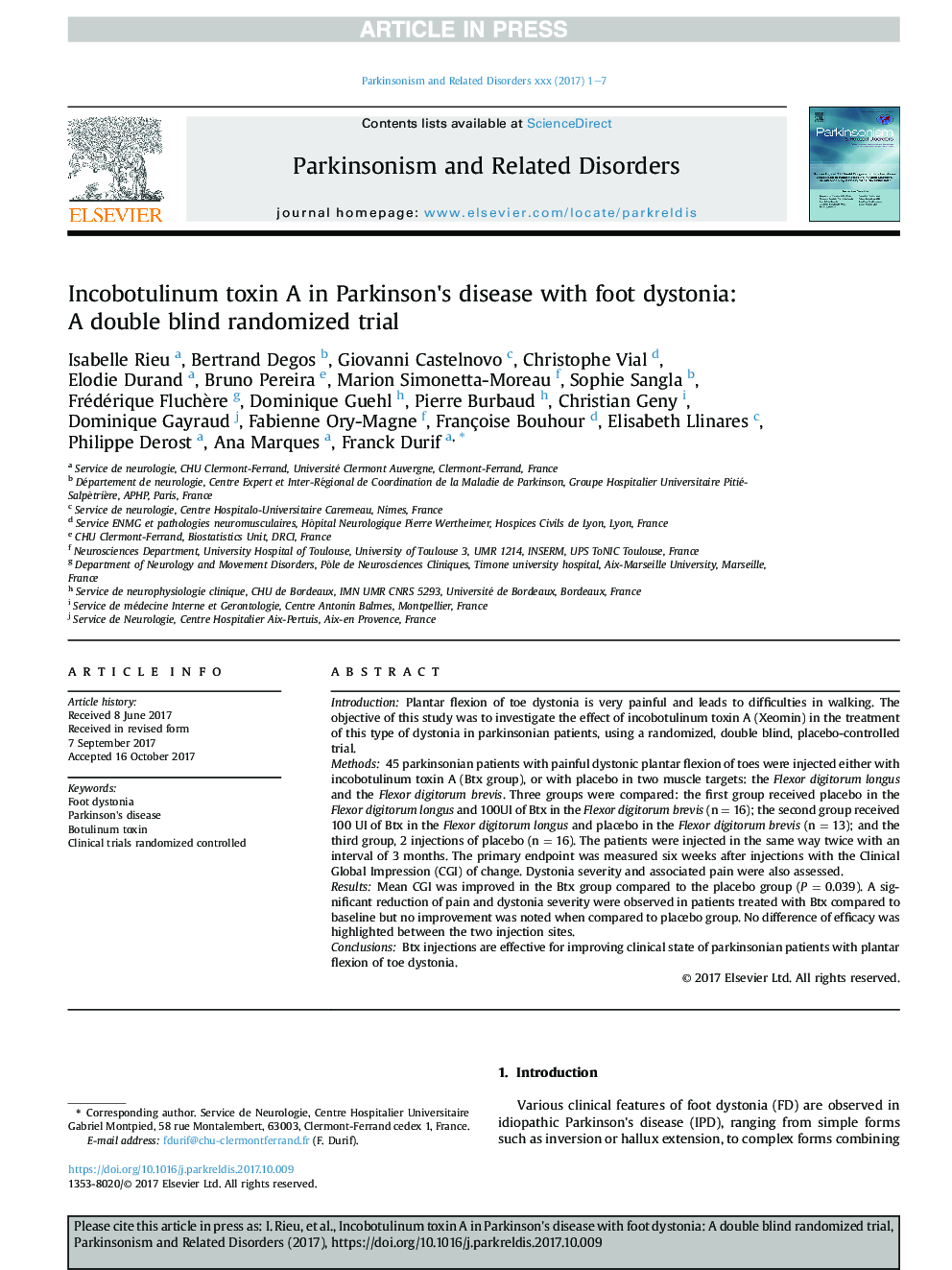 Incobotulinum toxin A in Parkinson's disease with foot dystonia: AÂ double blind randomized trial