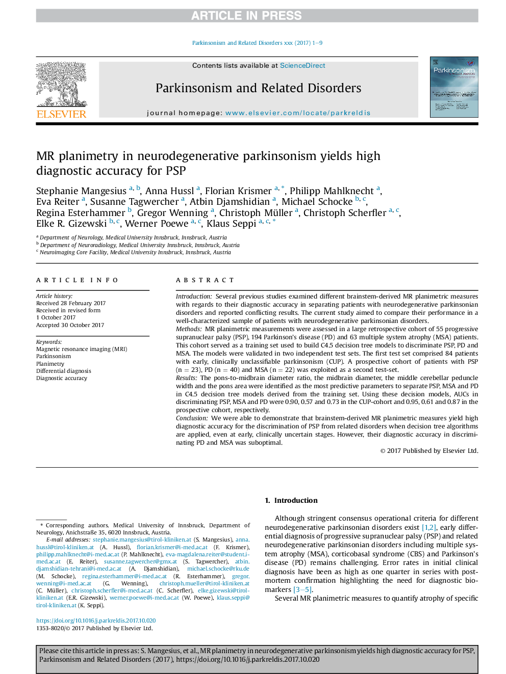 MR planimetry in neurodegenerative parkinsonism yields high diagnostic accuracy for PSP