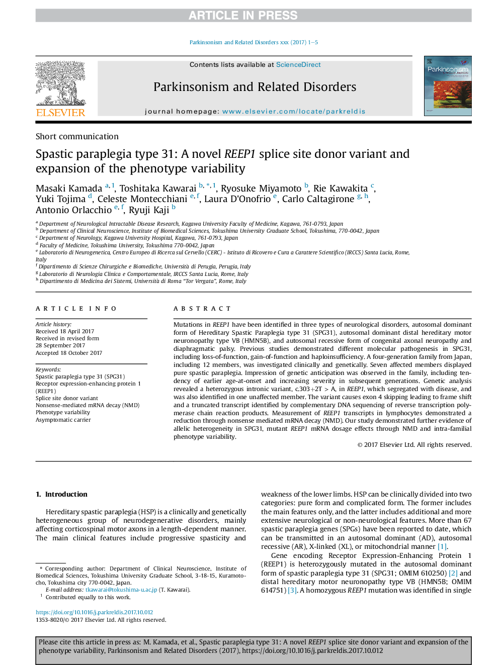 عکس صفحه اول مقاله: Spastic paraplegia type 31: A novel REEP1 splice site donor variant and expansion of the phenotype variability Spastic paraplegia type 31: A novel REEP1 splice site donor variant and expansion of the phenotype variability