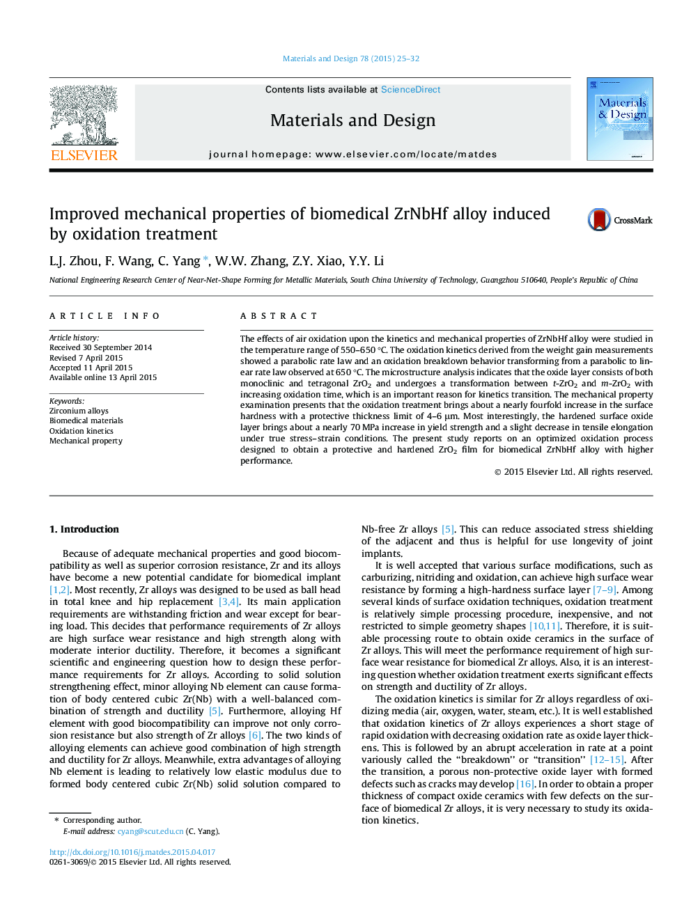 Improved mechanical properties of biomedical ZrNbHf alloy induced by oxidation treatment