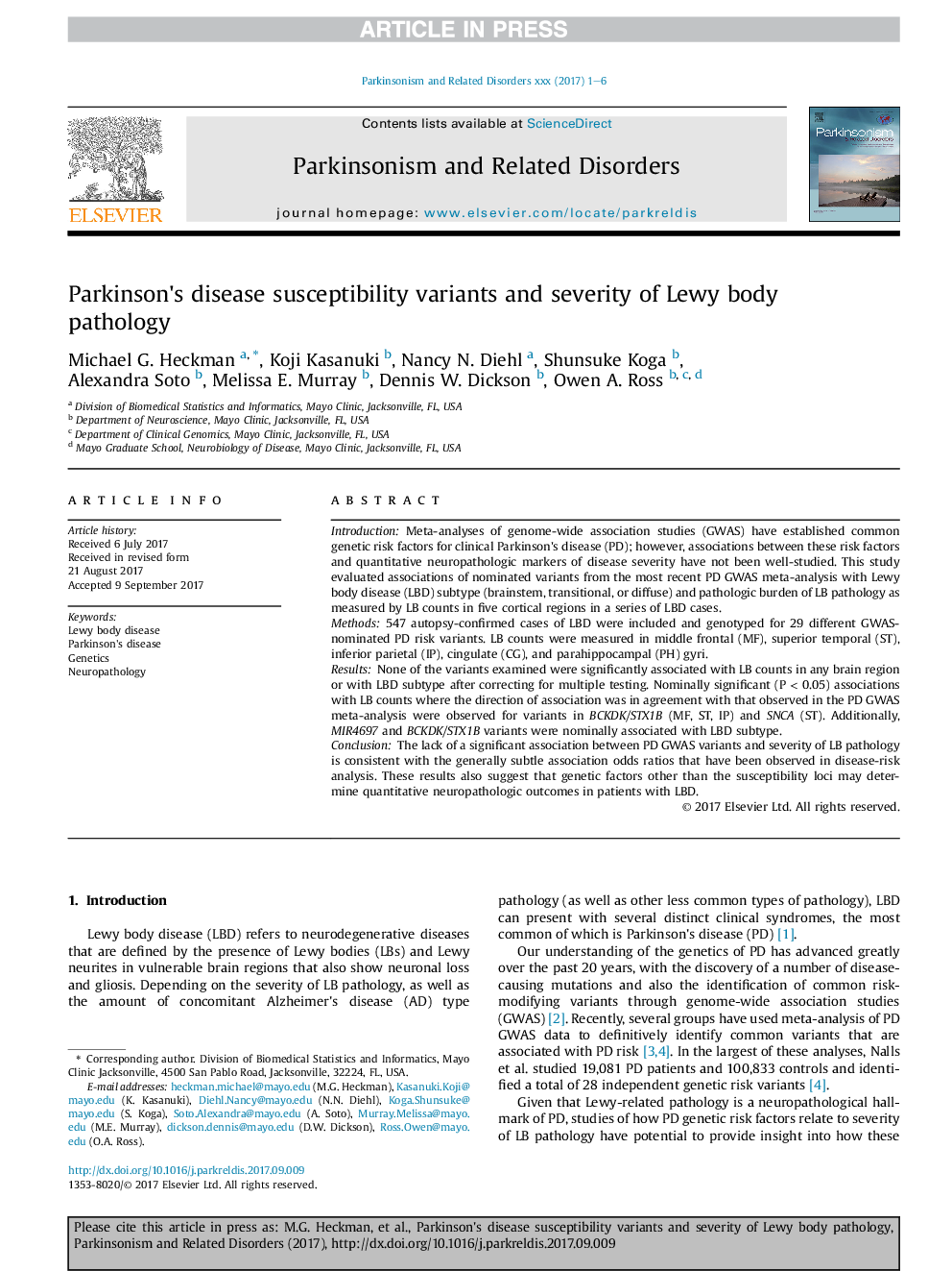 Parkinson's disease susceptibility variants and severity of Lewy body pathology