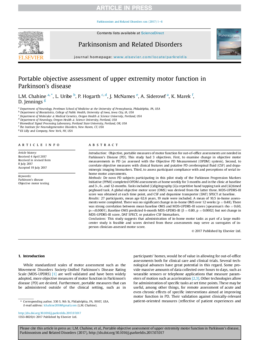 Portable objective assessment of upper extremity motor function in Parkinson's disease