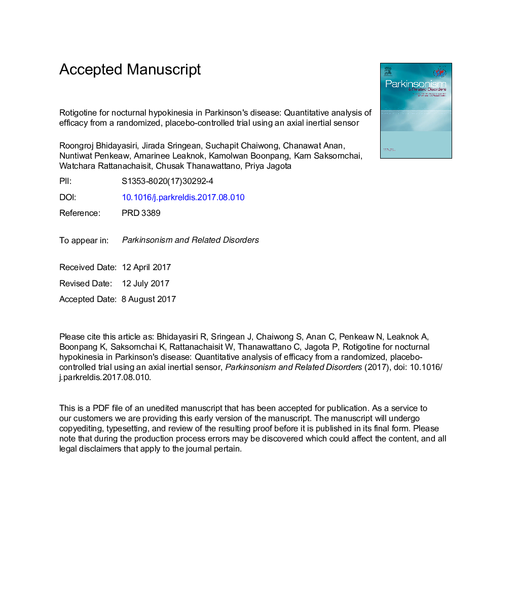 عکس صفحه اول مقاله: Rotigotine for nocturnal hypokinesia in Parkinson's disease: Quantitative analysis of efficacy from a randomized, placebo-controlled trial using an axial inertial sensor Rotigotine for nocturnal hypokinesia in Parkinson's disease: Quantitative analysis of efficacy from a randomized, placebo-controlled trial using an axial inertial sensor
