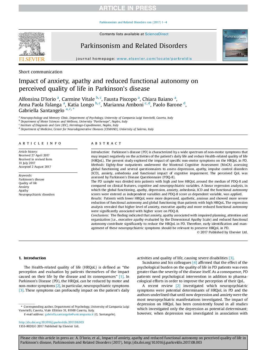 Impact of anxiety, apathy and reduced functional autonomy on perceived quality of life in Parkinson's disease