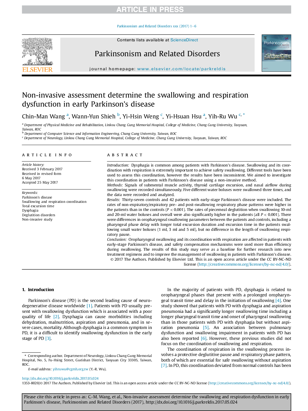 Non-invasive assessment determine the swallowing and respiration dysfunction in early Parkinson's disease