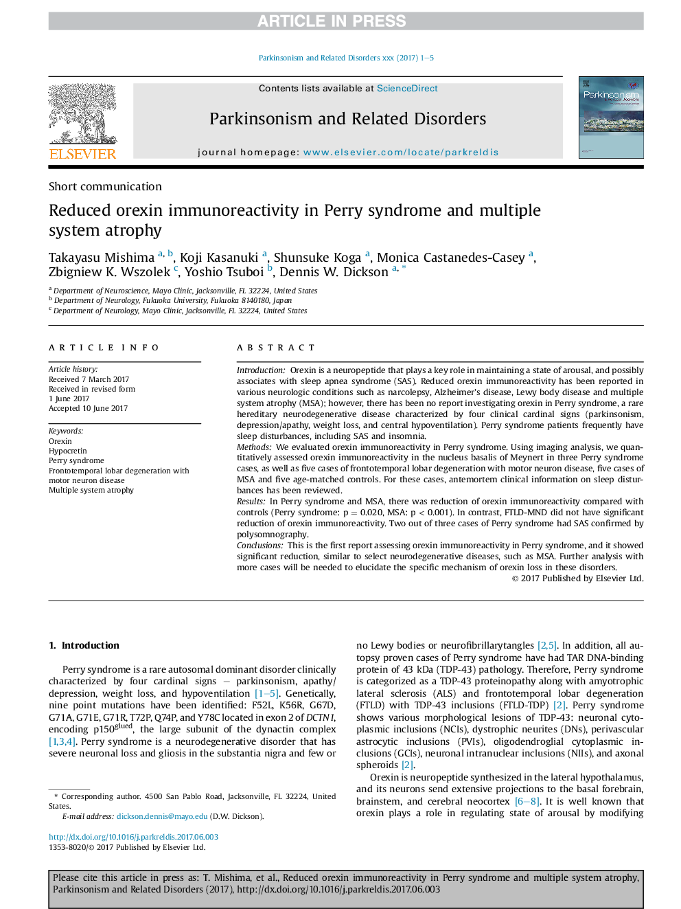 Reduced orexin immunoreactivity in Perry syndrome and multiple system atrophy