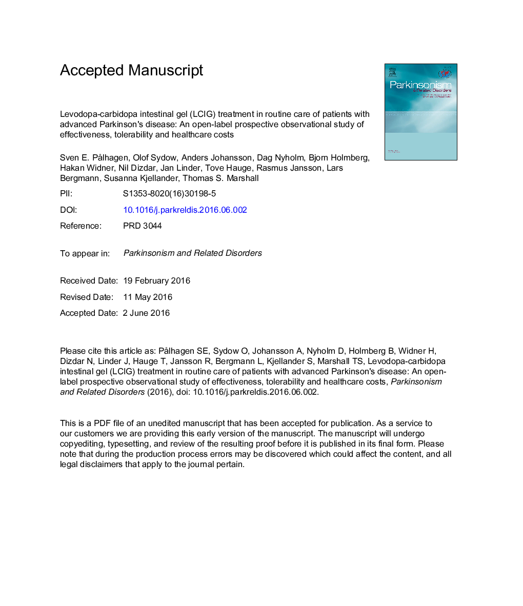 Levodopa-carbidopa intestinal gel (LCIG) treatment in routine care of patients with advanced Parkinson's disease: An open-label prospective observational study of effectiveness, tolerability and healthcare costs