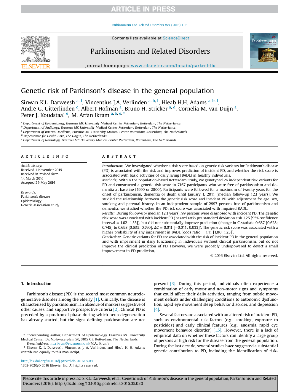 Genetic risk of Parkinson's disease in the general population