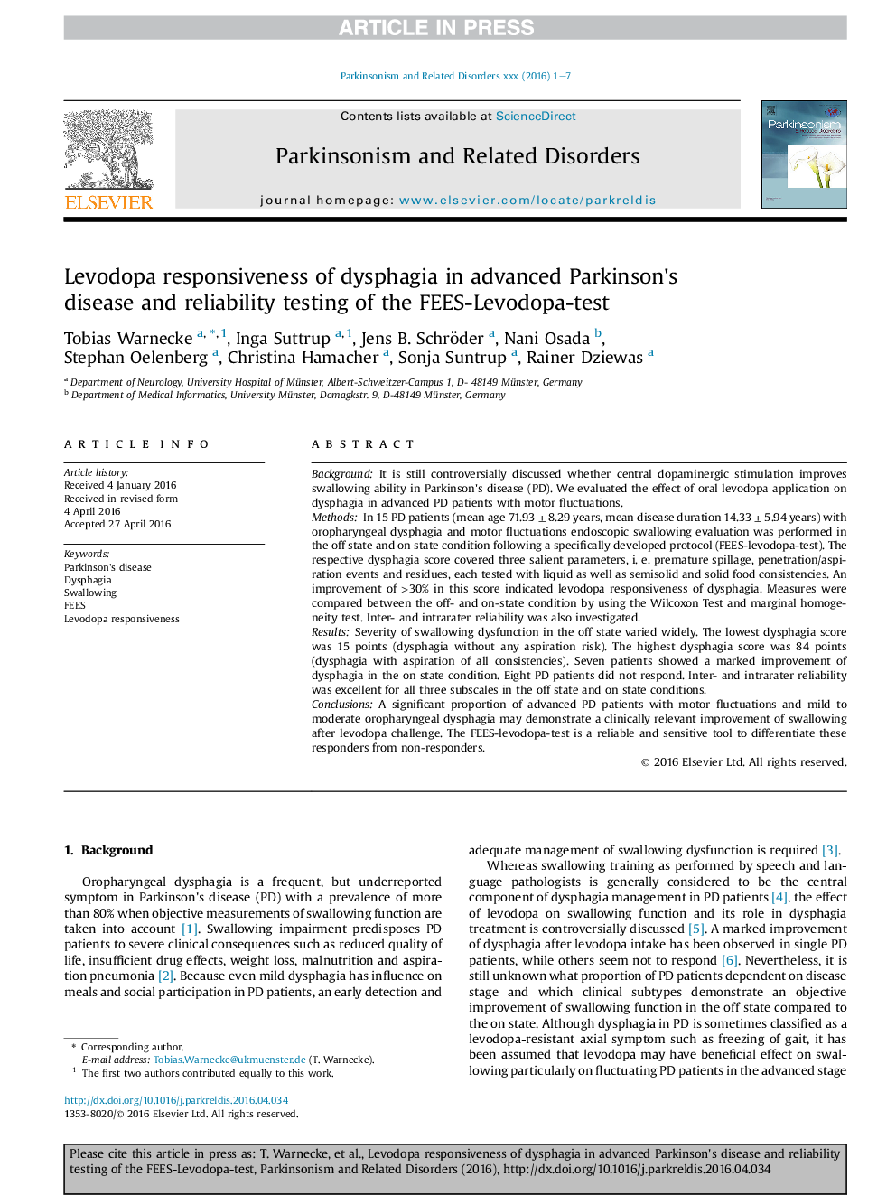 Levodopa responsiveness of dysphagia in advanced Parkinson's disease and reliability testing of the FEES-Levodopa-test