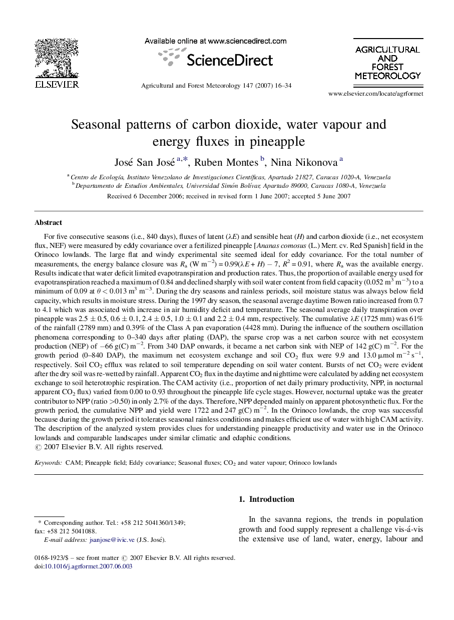 Seasonal patterns of carbon dioxide, water vapour and energy fluxes in pineapple