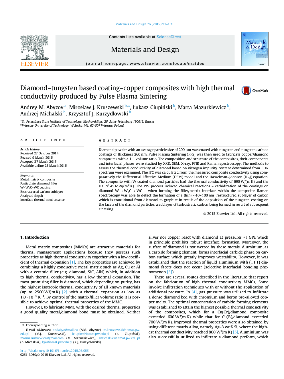 Diamond–tungsten based coating–copper composites with high thermal conductivity produced by Pulse Plasma Sintering