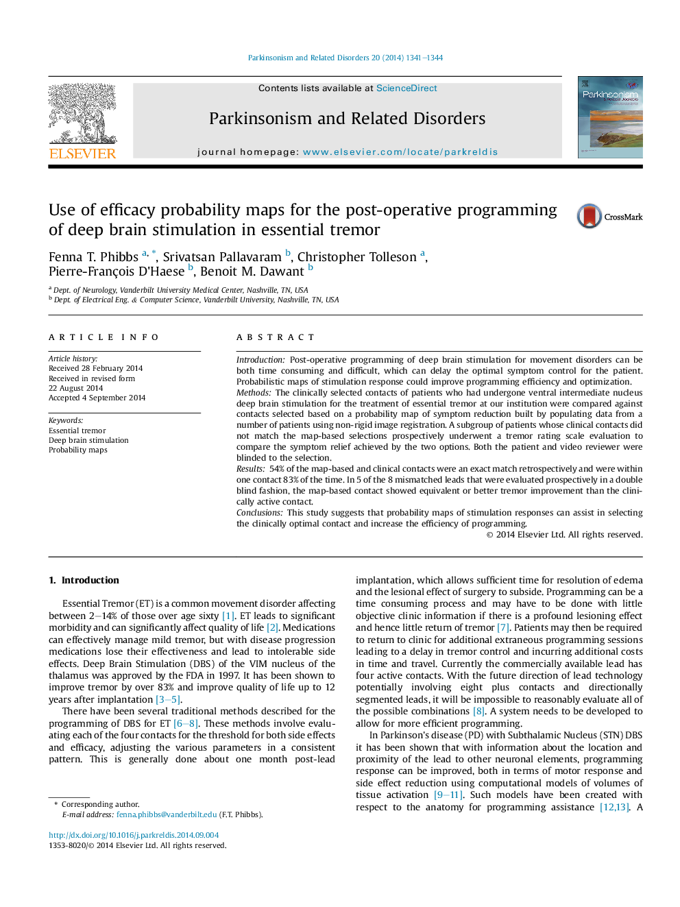 Use of efficacy probability maps for the post-operative programming of deep brain stimulation in essential tremor