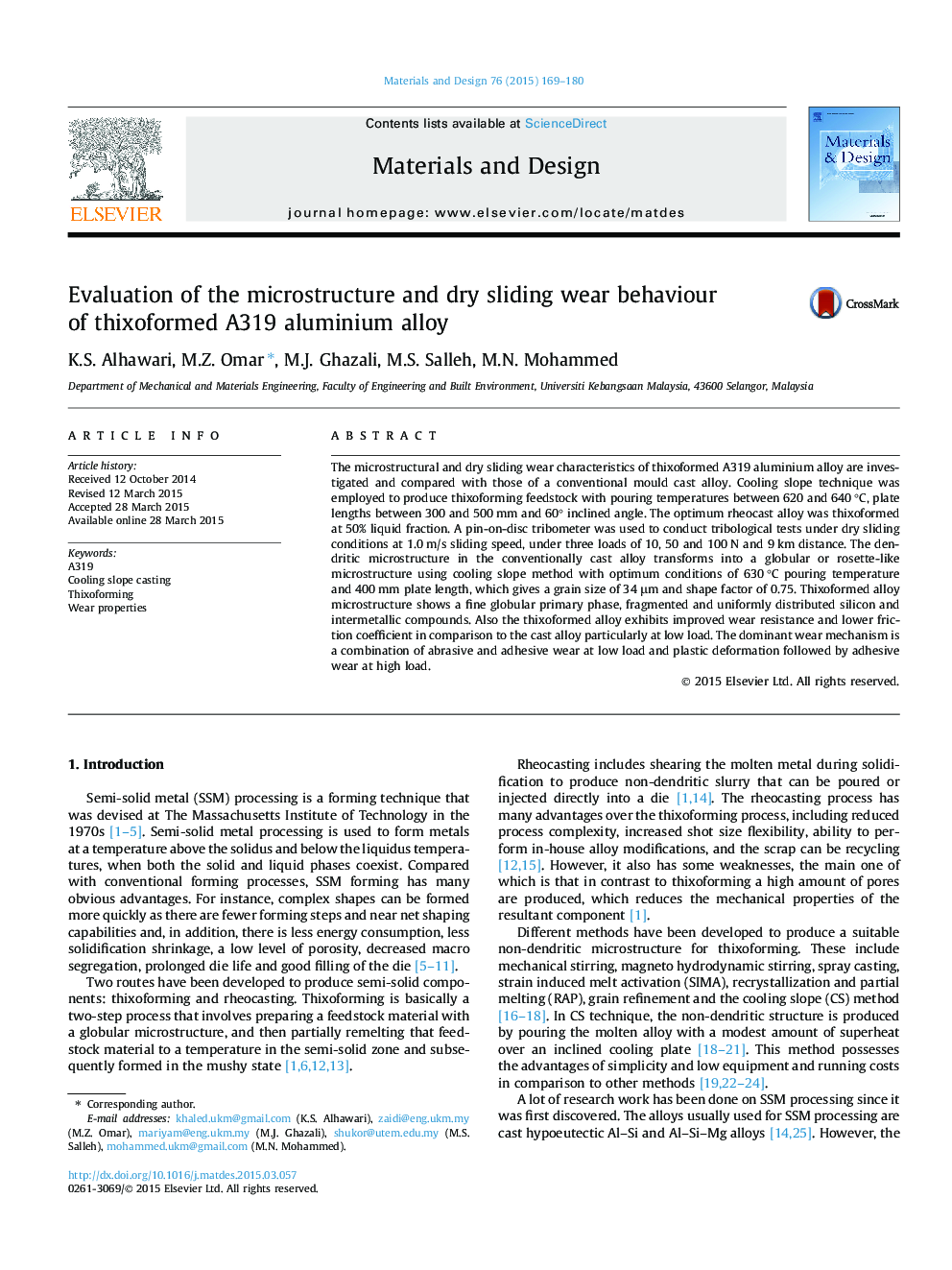 Evaluation of the microstructure and dry sliding wear behaviour of thixoformed A319 aluminium alloy