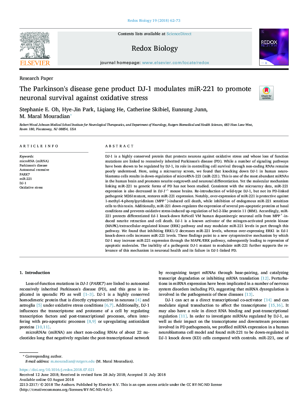 The Parkinson's disease gene product DJ-1 modulates miR-221 to promote neuronal survival against oxidative stress